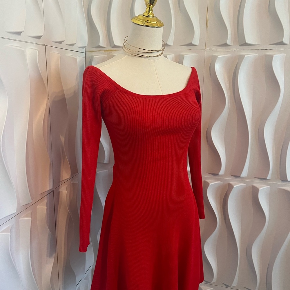 Sweater Dress Long Sleeve Crew Neck Ribbed Knit Fit and Flare A-Line Dress